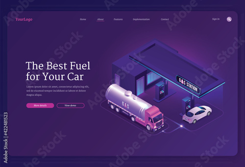 Gas station isometric landing page, cars refueling