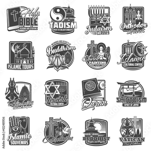 Religions of world, religious symbols of Christianity Catholicism, Buddhism and Orthodox, vector icons. Different religions and Signs of Judaism David star, Christian church and Muslim mosque