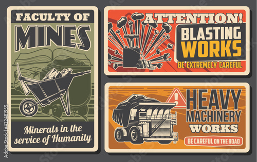 Minerals mining industry retro banners. Dynamite detonator for rock break, haul truck and wheelbarrow with pickaxe and coal. Faculty of mines, blasting and heavy machinery works attention warning sign
