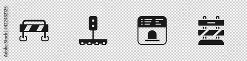Set Road barrier, Train traffic light, Ticket office to buy tickets and End railway tracks icon. Vector