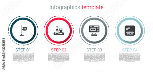 Set Cafe and restaurant location, Wine bottle with glass, Ticket office to buy tickets and Smoking area. Business infographic template. Vector
