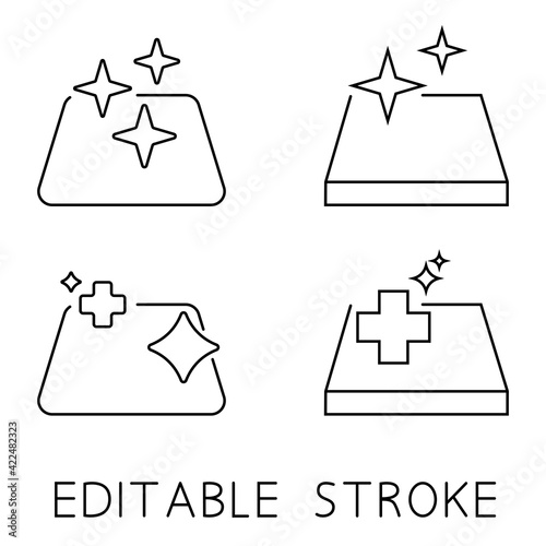 Sanitizing surfaces. Cleaning or disinfection surface. Easy disinfection of objects or premises. outline icons. Sanitation and hygiene sign. Editable stroke. Cleaning icons set