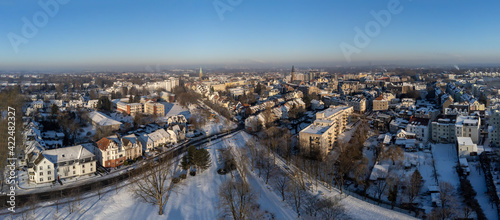 Bochum Wattenscheid town center, aerial snowy winter panorama cityscape