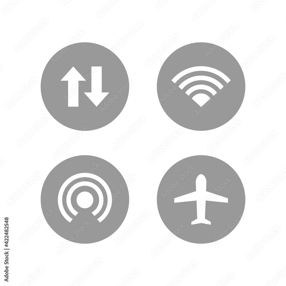 smart phone connection button icon set. airplane mode, wifi, hotspot and mobile data connection vector icon illustration.