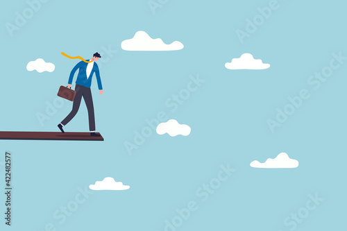 Investment or financial risk to fall down from economic recession, fear of losing money or debt payback concept, businessman standing on high jumping wood in the sky looking down with fear of height.