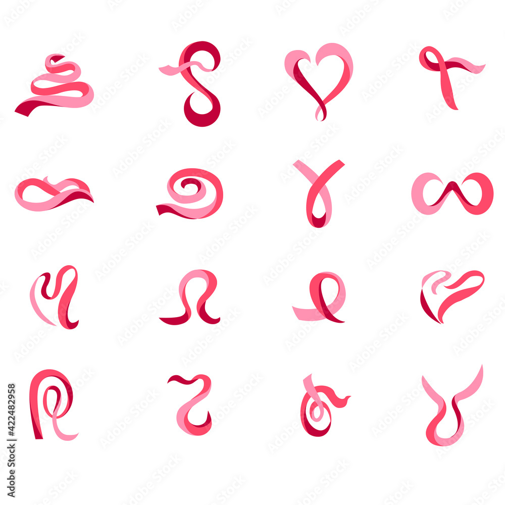 Stylized ribbons for beauty and fashion industry. Set with different abstract trendy symbols. Modern logotypes for your design projects. Flat style. Stylized ribbons for beauty and fashion industry. Set with different abstract trendy symbols. Modern logotypes for your design projects. Flat style.