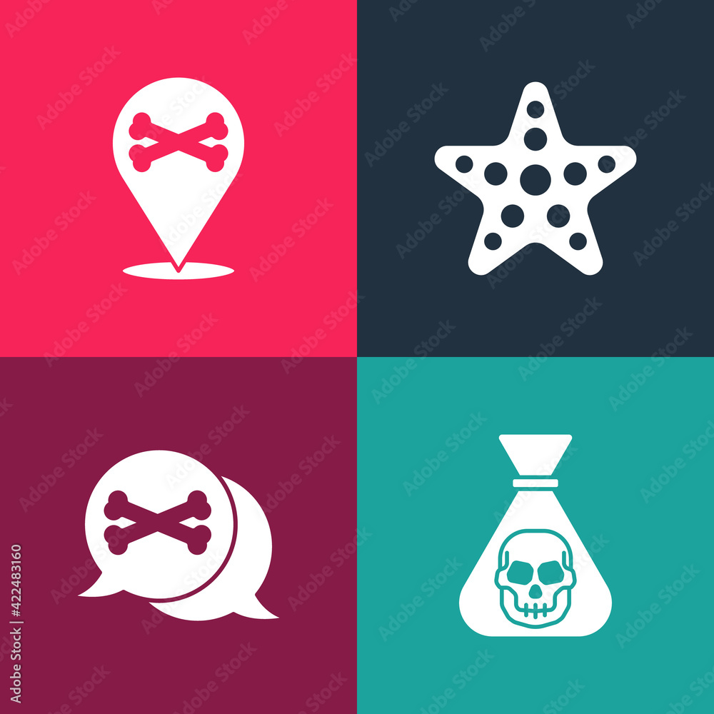 Set pop art Pirate coin, Location pirate, Starfish and icon. Vector Set pop art Pirate coin, Location pirate, Starfish and icon. Vector