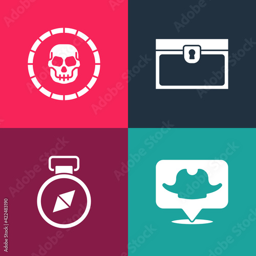 Set pop art Location pirate, Compass, Antique treasure chest and Pirate coin icon. Vector photo