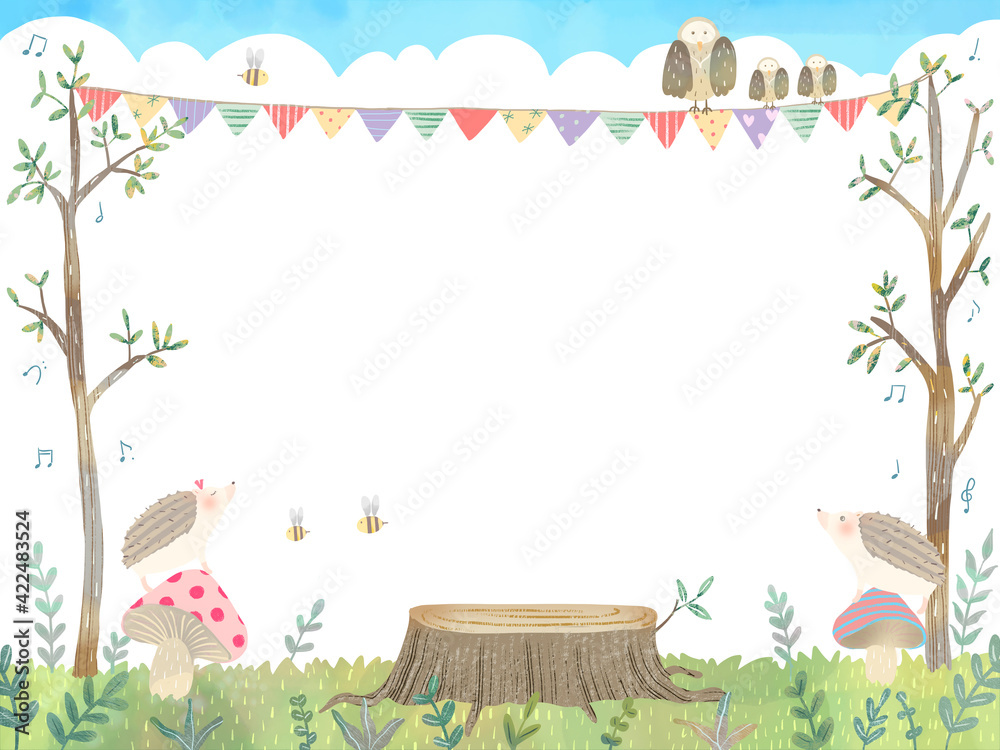 春の優しい色使いのオシャレな植物や動物の白バックのイラスト Stock Illustration Adobe Stock
