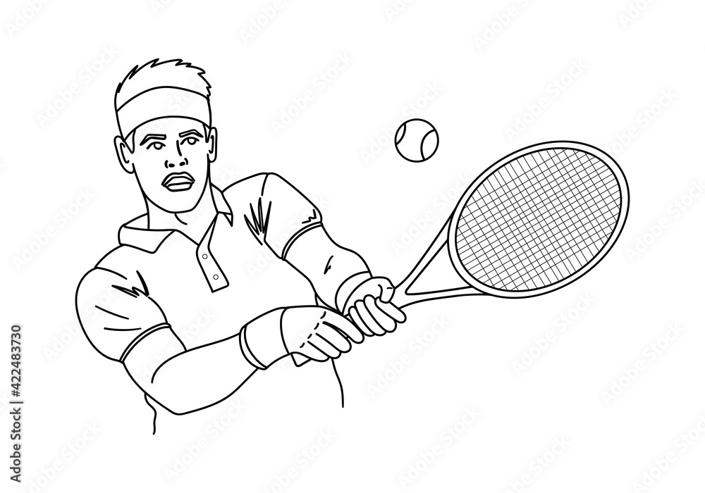 Tennis player outline silhouette or sketch. Man with a tennis racket and ball. Vector illustration.