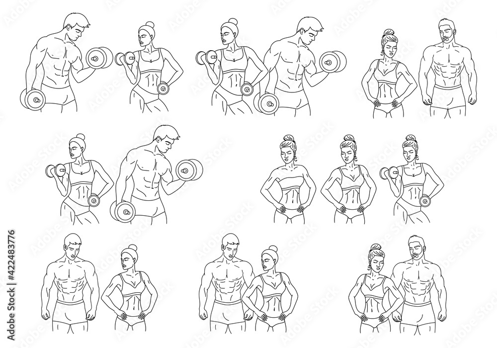 Muscle man and woman with dumbbells set. Bodybuilders outline silhouette or sketch. Gym, workout, fitness, powerlifting logo concept. Vector illustration.