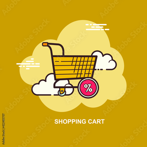 Shopping cart with yellow background flat concept design