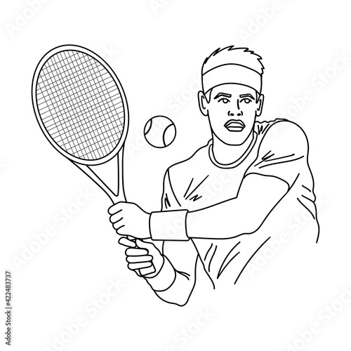 Tennis player outline silhouette or sketch. Man with a tennis racket and ball. Vector illustration.