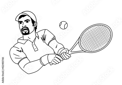 Tennis player outline silhouette or sketch. Man with a tennis racket and ball. Vector illustration.