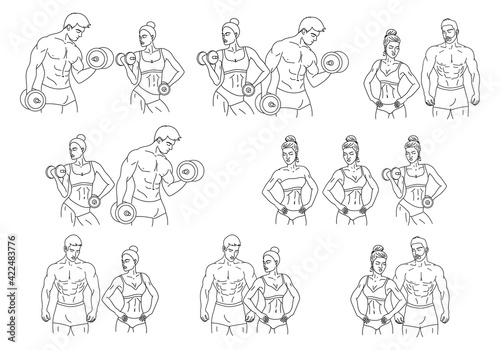 Muscle man and woman with dumbbells set. Bodybuilders outline silhouette or sketch. Gym, workout, fitness, powerlifting logo concept. Vector illustration.