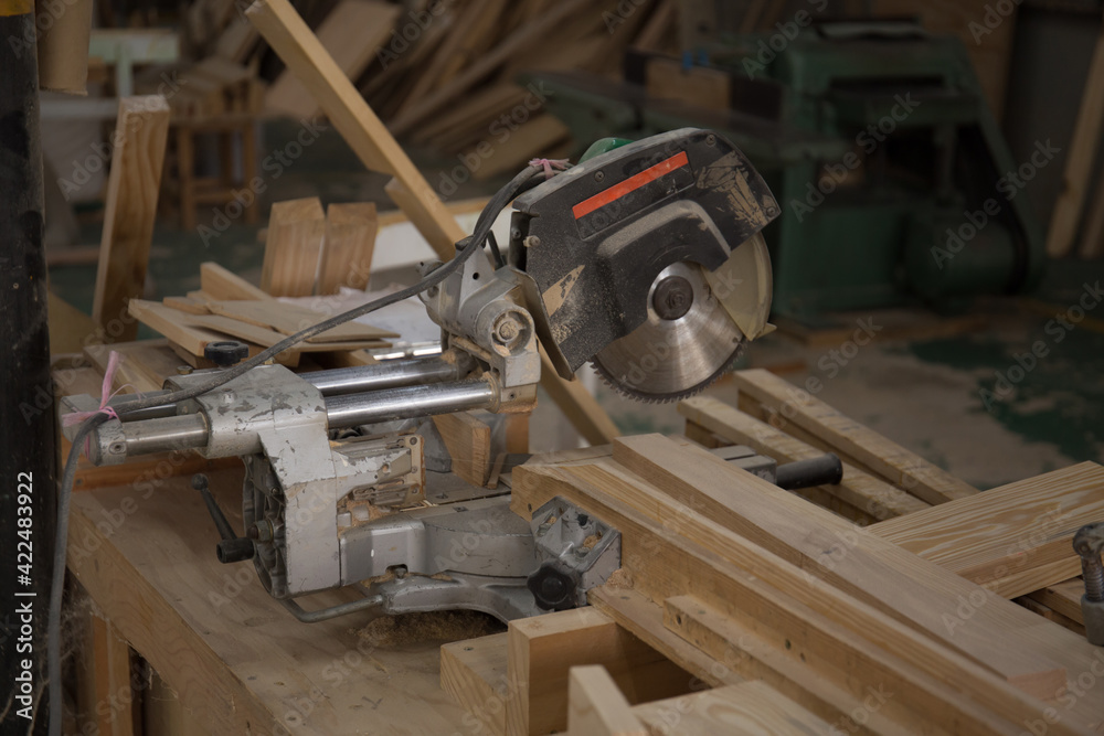 Close up shot of circular saw in a workshop 