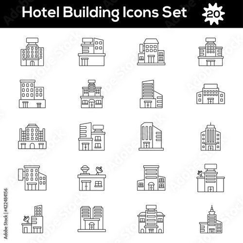 Black Line Art Set of Hotel Or Building Icon In Flat Style.