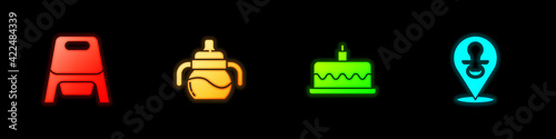 Set Baby potty, bottle, Cake with burning candles and dummy pacifier icon. Vector