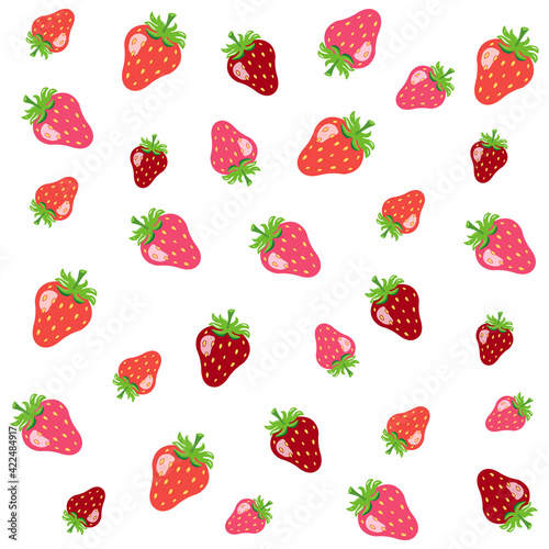 Strawberry Pattern Seamless. Juicy Bright Red And Pink Strawberries. Background For Wrapping Paper Or Fabric.