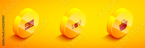 Set Isometric Postcard travel, Poker table and Beach bag icon. Vector