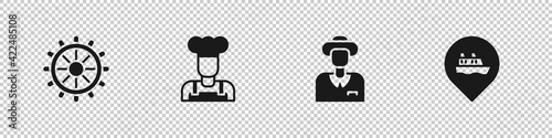 Set Ship steering wheel, Cook, Tourist and Location with cruise ship icon. Vector