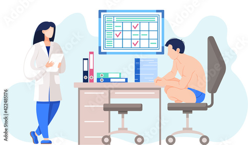 Male undressed patient sit in medical office. Woman doctor reading paper document in clinic