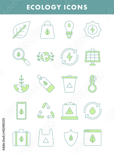 Green And White Color Set of Ecology Icon.