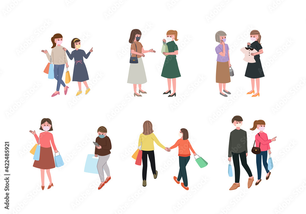マスクをつけて買い物をする人々のイラストセット マスクをつけて買い物をする人々のイラストセット