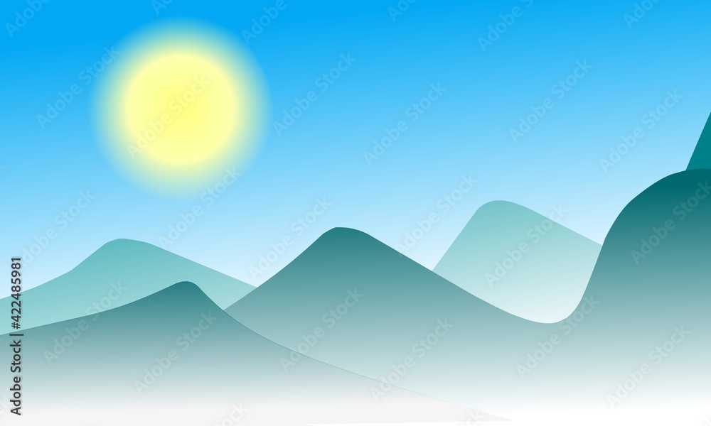 mountain landscape illustration with blue sky and sunlight