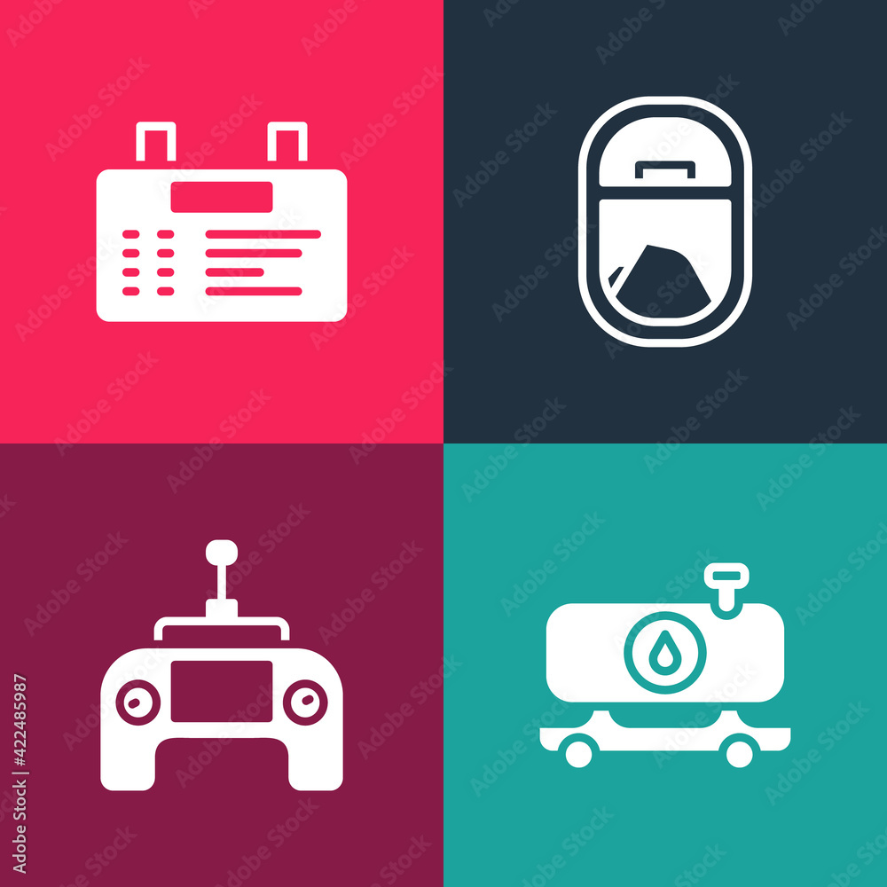 Set pop art Fuel tanker truck, Drone remote control, Airplane window and Airport board icon. Vector Set pop art Fuel tanker truck, Drone remote control, Airplane window and Airport board icon. Vector