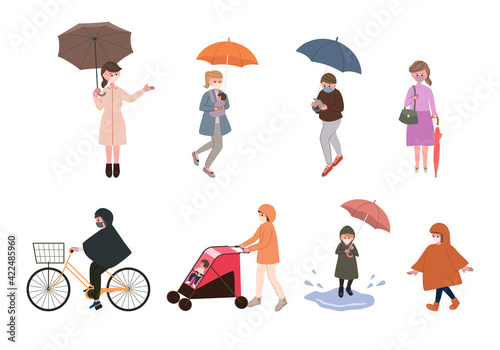 マスクをつけた雨の日の人々イラストセット