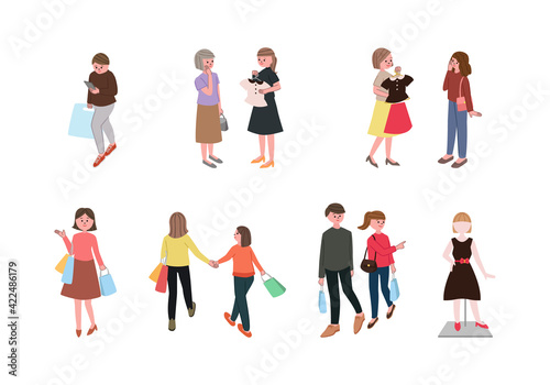 ショッピングをしている人々のイラストセット