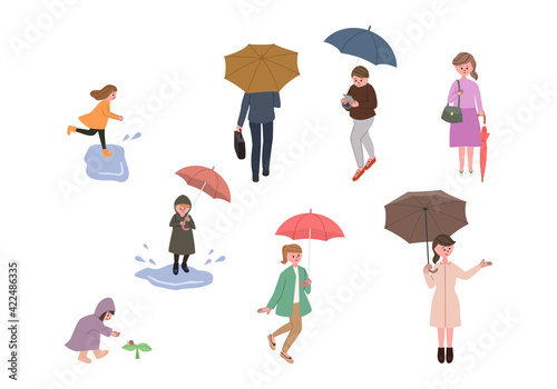 雨の日の街の人々のイラストセット