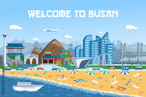 Busan travel banner Vector illustration. Beautiful rope bridge and cityscape building.