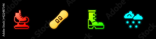 Set Skates, Snowboard, Waterproof rubber boot and Cloud with snow icon. Vector