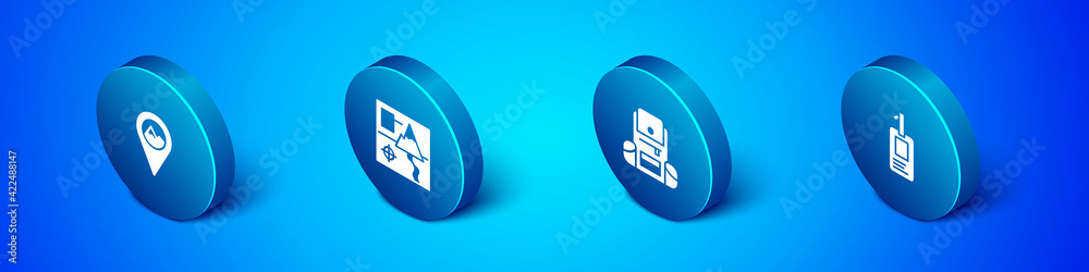 Set Isometric Location with mountain, Hiking backpack, Identification badge and Folded map icon. Vector Set Isometric Location with mountain, Hiking backpack, Identification badge and Folded map icon. Vector