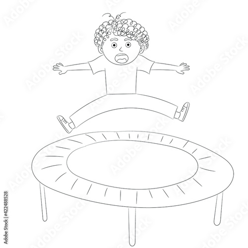 Sketch of a little curly-haired boy jumping on a trampoline