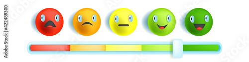 Feedback emotion bar slider, customer satisfaction level scale, multicolored round vector face, icon. Service evaluation, horizontal review meter, rating concept isolated on white. Feedback bar design