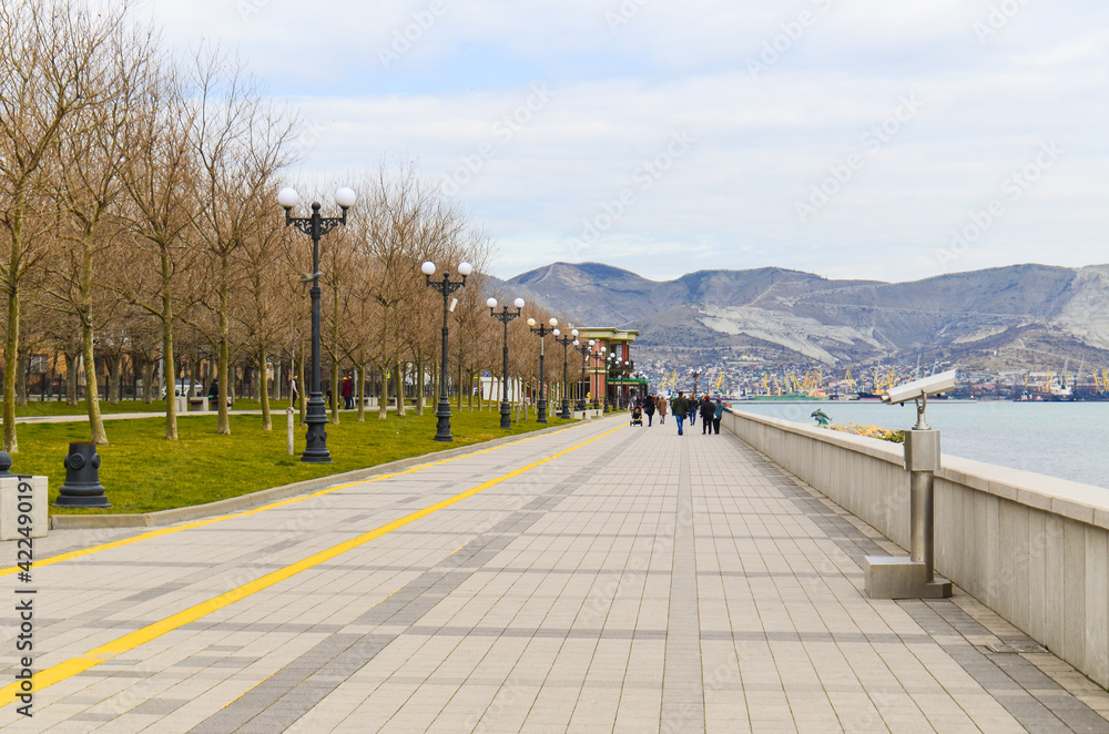 Spring embankment of Admiral Serebryakov in the city of Novorossiysk. This is a public place and no permission to take or use a photo is required.