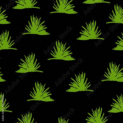 Vector seamless pattern with green trees and bushes. Black background. Cartoon style. Spring and summer. Nature and ecology. Post cards, wallpaper, wrapping paper, scrapbooking, textile. Go vegan