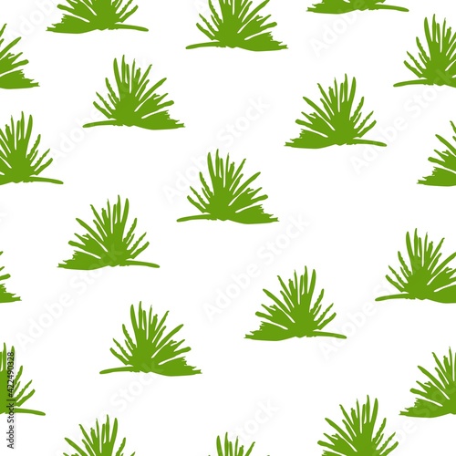 Vector seamless pattern with green trees and bushes. White background. Cartoon style. Spring and summer. Nature and ecology. Post cards, wallpaper, wrapping paper, scrapbooking, textile. Go vegan