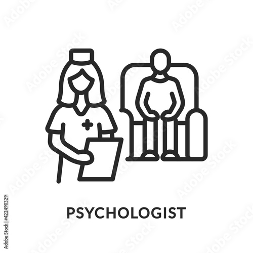 Psychological help flat line icon. Vector illustration psychiatric care. Patient sits in a chair at a psychologist appointment