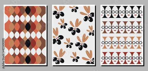 A set of three colorful aesthetic geometric backgrounds. Minimalist abstract posters for social media, cover design, web, home decor. Vintage illustrations with different shapes.