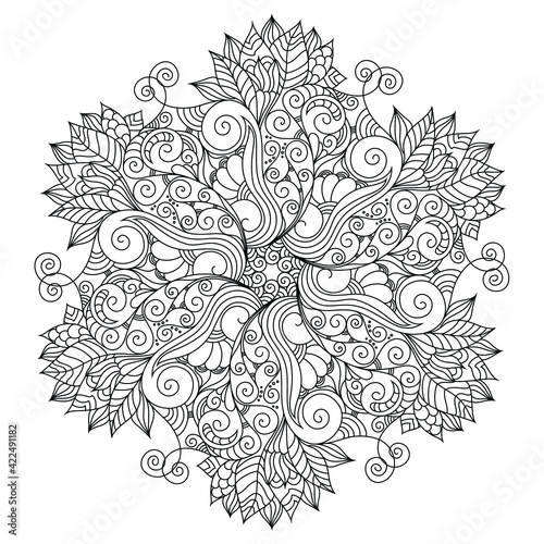 Zentangle inspired oriental mandala coloring page. Coloring book illustration for stress relief and relaxation.