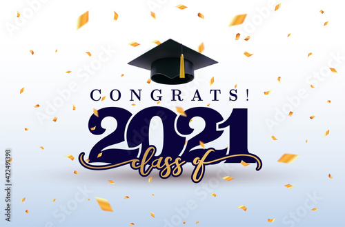 Class of 2021 with graduation cap. 2021 Graduation Cap Banner. Congrats Graduation calligraphy lettering. Vector illustration template for design party high school or college, graduate invitations.