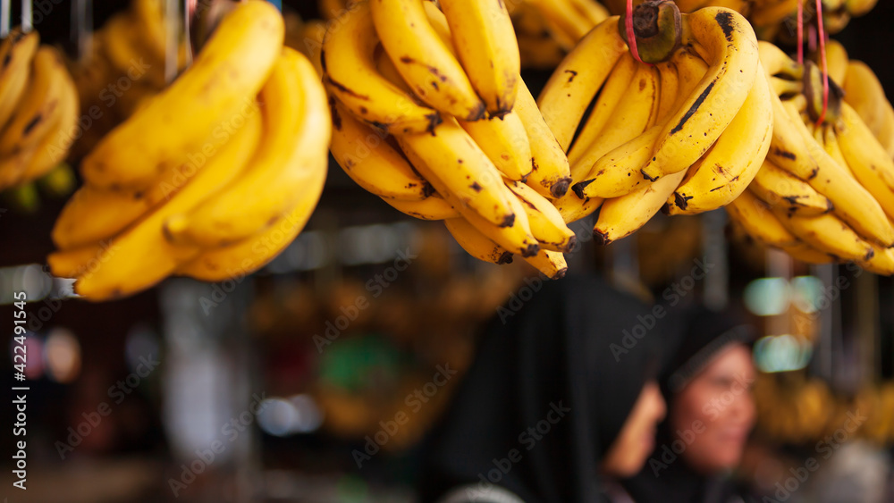 Ripe bananas fruits display at a local grocery.