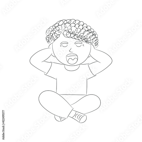A sketch of a portrait of a curly-haired boy who sits and shouts, covering his ears with his hands