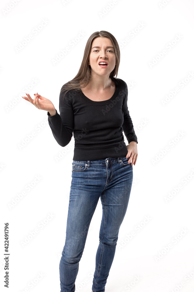 Bold-faced young woman actively gesticulating on the white background. Bold-faced young woman actively gesticulating on the white background.