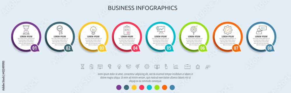 Fototapeta premium Circles vector line infographic with 8 step, icons. Timeline used for chart, web, banner, workflow layout, presentations, flowchart, info graph, content, levels, chart, processes diagram