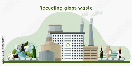 Recycling glass waste into new products. Waste recycling plant with pipes, storage and building. Zero waste concept. flat vector illustration.